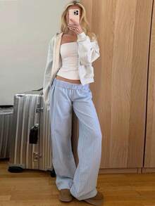 休閒條紋寬鬆低腰寬褲 - 藍色 - 查看 2