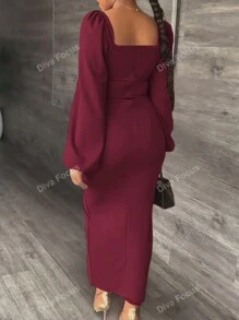 Fashionable Elegant Lantern Sleeve High Slit Dress For Women