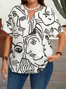 EMERY ROSE Plus Size Summer Countryside Abstract Face Print Vacation Casual Notched Neck Batwing Sleeve Shirt - Black and White - View 3