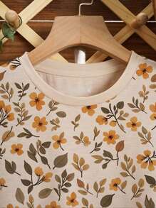 INAWLY Áo thun nữ cổ tròn tay ngắn in hoa mùa hè thường ngày - Màu Khaki - Xem 3