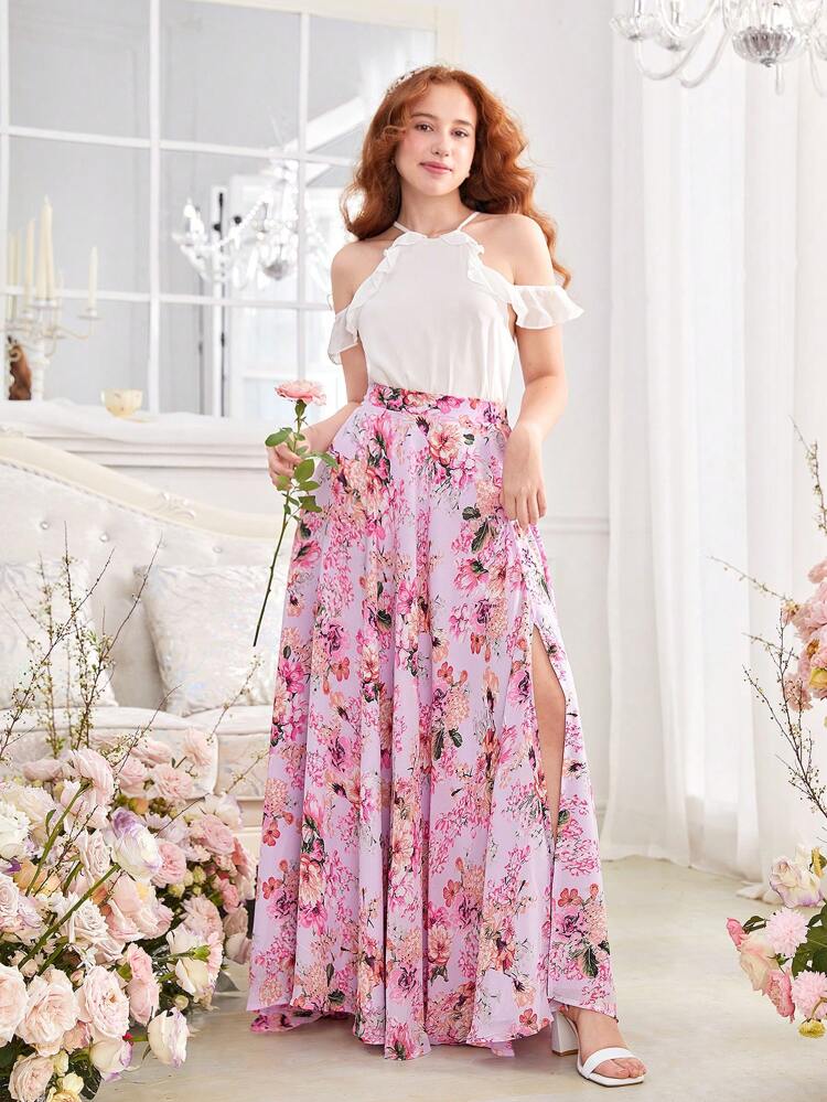 DRMZ Teen Girl Teen Girls' Woven Chiffon Ruffle Halter Top And Floral Pattern Slit Skirt Set