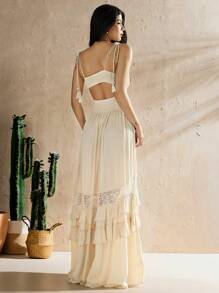 Forever 21 新款夏季假日拼接編織電纜無袖荷葉邊連衣裙 - 杏色 - 查看 2
