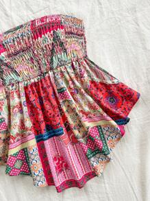 Soleia Damen Sommer Urlaubs Boho Musik Festival buntes Patchwork Bandeau Top mit asymmetrischem Saum