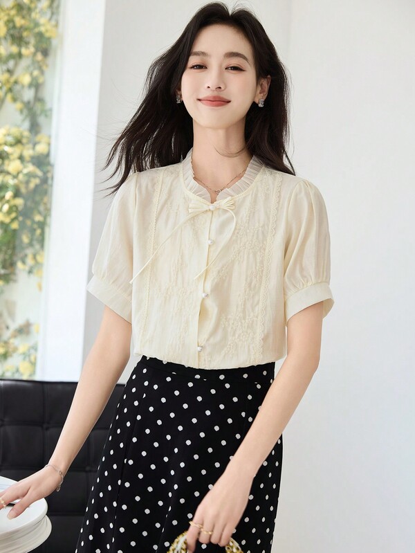 VERA New Summer Chinese Style Solid Color Embroidered Organza Short Sleeve Shirt With Traditional Style Cloth Button And Ruffle Details