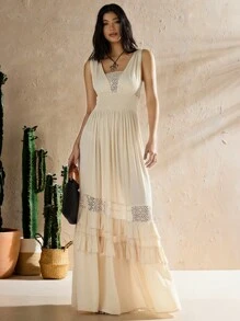 Forever 21 新款夏季假日拼接編織電纜無袖荷葉邊連衣裙 - 杏色 - 查看 4