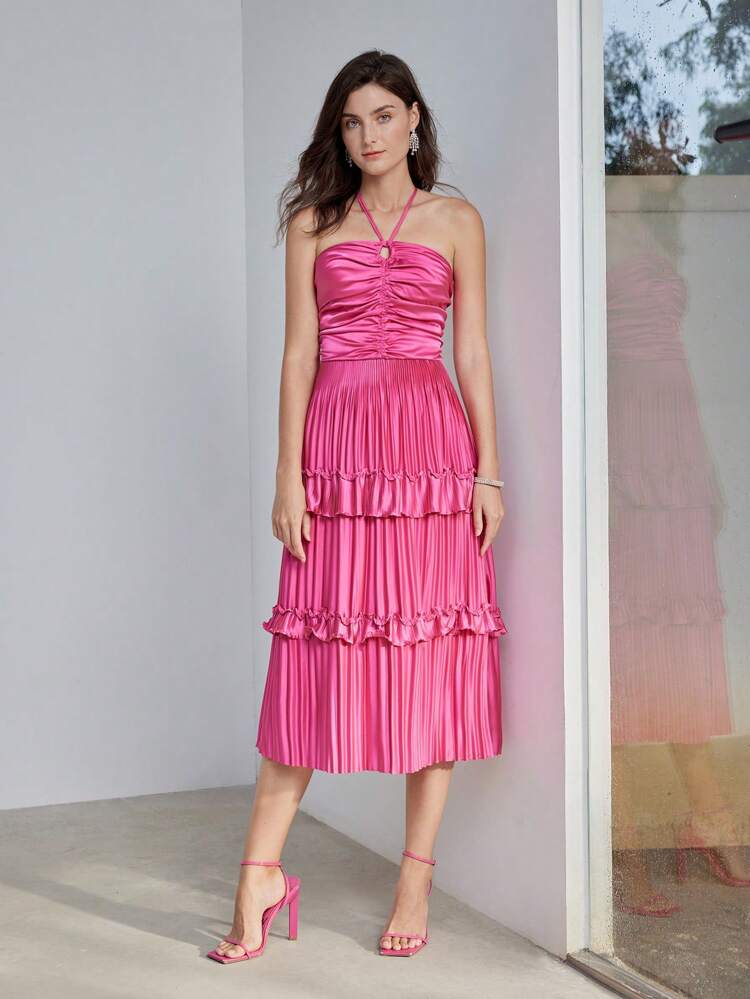 SOLID RUCHED BODICE LAYERED RUFFLE HEM PLEATED HALTER NECK DRESS