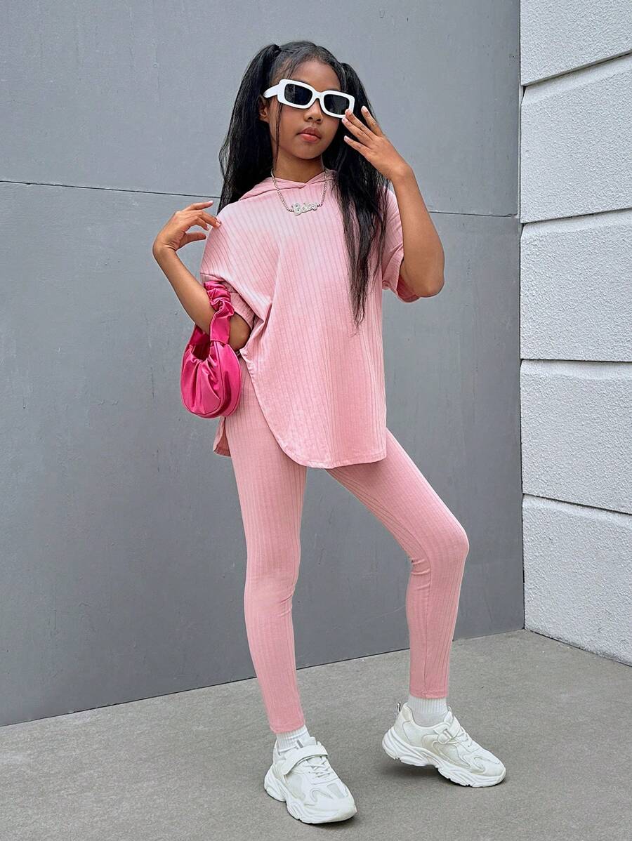 SHEIN Leap Crew Tween Girl Drop Shoulder Split Hem Hooded Tee & Leggings - Coral Pink - View 1