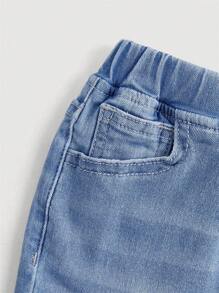 SHEIN 年輕女孩彈性牛仔短褲，水洗，休閒時尚 - 淺色水洗藍 - 查看 4