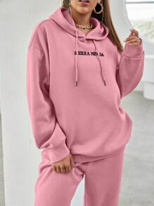RueChic Women'S Letter Embroidery Drawstring Hoodie And Sweatpants Two-Piece Set - Pink - View 5