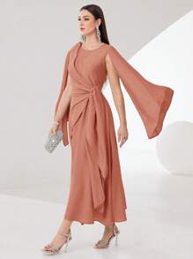 Modelyn Cloak Sleeve Knot Side Modest Long Sleeve Dress - Rusty Rose - View 6