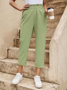 SHEIN Essnce Women Paper Bag Waist Crop Pants, Ideal For Summer Vacation - Army Green - View 1