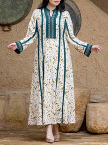 Women's Notched Neck Leaf Print Casual Arabic Style Dress - Multicolor - View 1