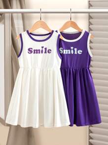 Young Girl Purple White Contrast Collar Smiling Face Dress, 2pcs/Set - Multicolor - View 1