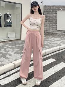 DAZY Women Solid Color Loose Straight-Leg Pants With Pockets For Casual Wear