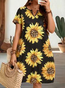 EMERY ROSE Plus Size Summer Countryside Sunflower Printed Short Sleeve V-Neck Dress For Summer - Black - View 3