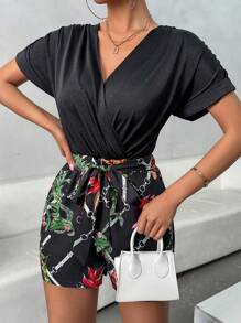 SHEIN LUNE Jumpsuit With Different Fabric Patchwork, Pockets, Pleats, And Waist Belt - Black - View 4