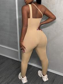 Slaydiva Music Festival Casual One Shoulder Cut Out Bodycon Ribbed Summer Jumpsuit Unitard - Khaki - View 2