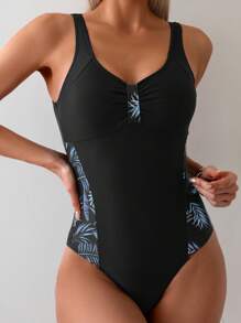 Swim Lushoire 女士夏季沙灘單件泳衣，植物印花，荷葉邊細節，後背開口，圓領設計 - 藍色 - 查看 3