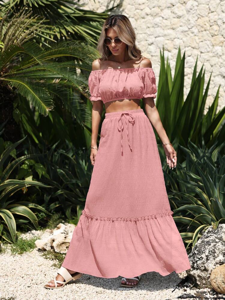 Women's Summer Solid Color Off-Shoulder Short Sleeve Cropped Shirt And Long Skirt Elegant Two-Piece Set