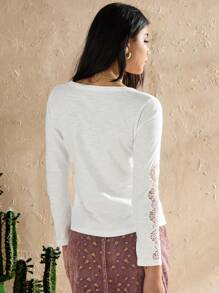 Forever 21 女士春夏季素色鈕扣半開襟蕾絲長袖休閒T恤