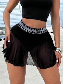 VaVaBold 女式時尚純色透明網眼短褲 - 黑色 - 查看 3