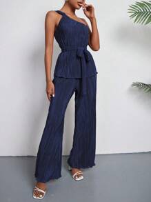 Chiquease Ladies' Solid Color One-Shoulder Strap Top And Casual Pants Set With Waist Belt - Blue - View 5