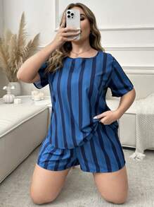 Plus Size Round Neck Striped Printed Casual T-Shirt And Shorts Pajama Set - Navy Blue - View 5