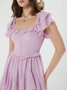 Enchnt Women's Princess Romantic Plain Pink Summer Holiday Elegant Solid Color Ruffled Waist Cinched Waist Dress For Graduation Party,Cocktail And Prom  - Mauve Purple - View 5