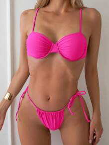 Conjunto de bikini con tanga fruncido de unicolor para mujer, conjunto de bikini sexy de dos piezas para playa de verano