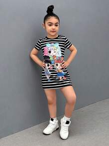 SHEIN Nova Glow Young Girl Knitted Striped Casual Round Neck Dress Snug Fit Dress For Young Girl - Black and White - View 5