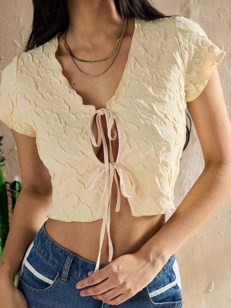 Women's Summer Solid Color Tie Front Short Sleeve Cropped T-Shirt With Flounce Edge