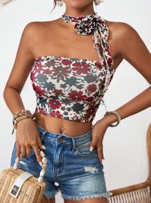 SHEIN VCAY Camiseta corta de malla tejida con estampado floral para mujer, ajuste delgado, ideal para vacaciones