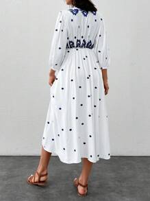 RueChic Long Dress With Latten Sleeves And Flower Embroidery, Embellished With Drawstrings. - White - View 9