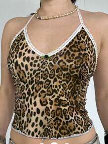 SHEIN ICON Top sin mangas con estampado de leopardo y detalles de encaje con cuello halter y espalda atada para mujeres de talla grande