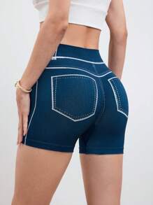 Easithlete Women's Denim Effect Printed Athletic Shorts - Blue - View 2