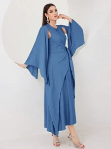 Modelyn Women's Solid Color Cape Sleeve Wrap Belted Modest Dress Long Evening Dresses - Blue - View 4