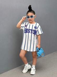 SHEIN 年輕女孩針織條紋休閒連衣裙，帶有字母印花，圓領設計 - 白色 - 查看 2