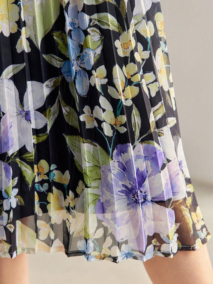 FLORAL PRINT TIE NECK FLUTTER SLEEVE PLEATED DRESS