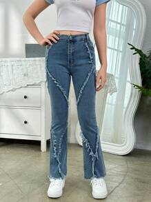 Teen Girl High Waisted Frayed Double Craft Washed Flared Jeans - Light Wash - View 5