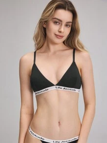 EasyFave Women's Letter Jacquard Ribbon Trimmed Bra With Spaghetti Straps Sports - Black - View 1