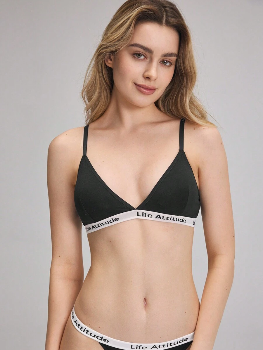 EasyFave Women's Letter Jacquard Ribbon Trimmed Bra With Spaghetti Straps Sports - Black - View 1