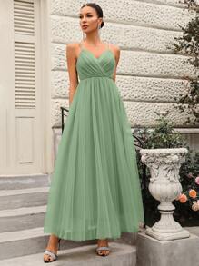 SHEIN Belle 优雅浪漫的鼠尾草绿色 V 领薄纱伴娘礼服女士正式舞会礼服，适合圣诞节