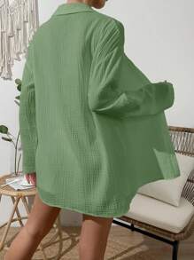 SHEIN VCAY Holiday Casual Solid Color Drop Shoulder Long Sleeve Shirt And Shorts Set - Army Green - View 2