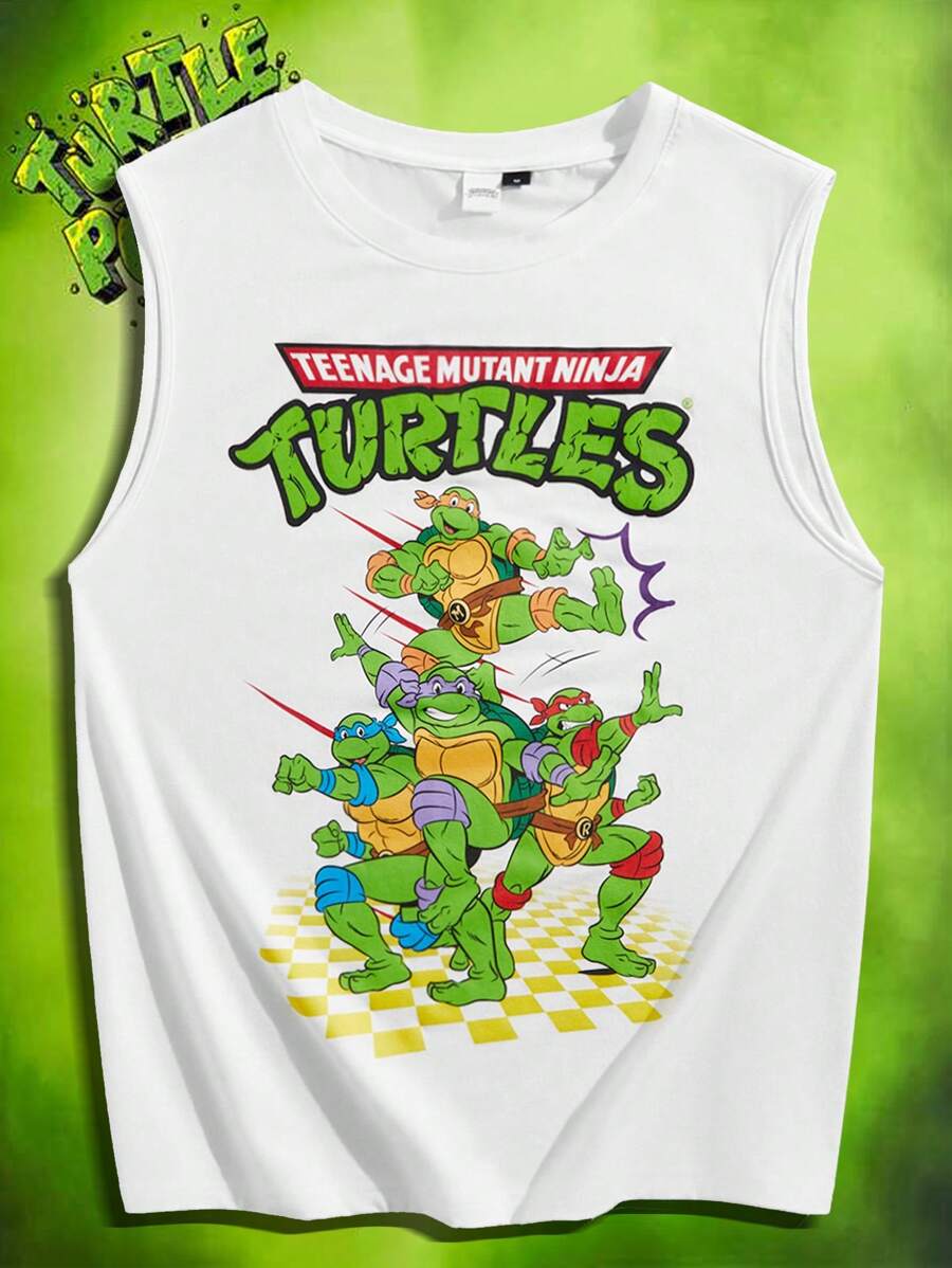 TEENAGE MUTANT NINJA TURTLES | SHEIN Unisex Casual Cartoon And Letter Print Cool Tank Top For Summer - White - View 1