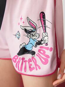 LOONEY TUNES X SHEIN 女士休閒運動風格扣環束腰短褲，卡通兔和字母印花，夏季 - 粉色 - 查看 5