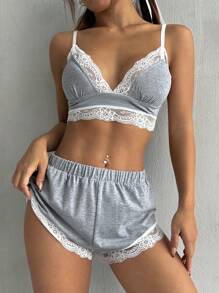 SHEIN EZwear Lace Patchwork Colorblock V-Neck Camisole Top And Shorts Summer Outfit