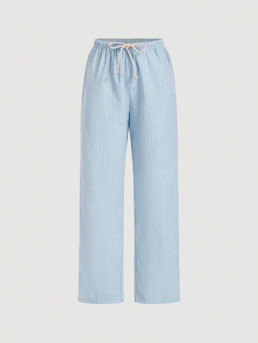SHEIN Qutie 女士時尚條紋休閒直筒長褲 - 淺藍色 - 查看 1