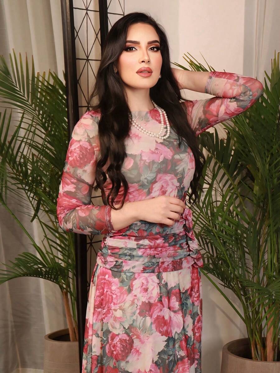 Modelyn Ladies' Floral Print Round Neck Long Sleeve Spring/Summer Dress Long Evening Dresses - Multicolor - View 1