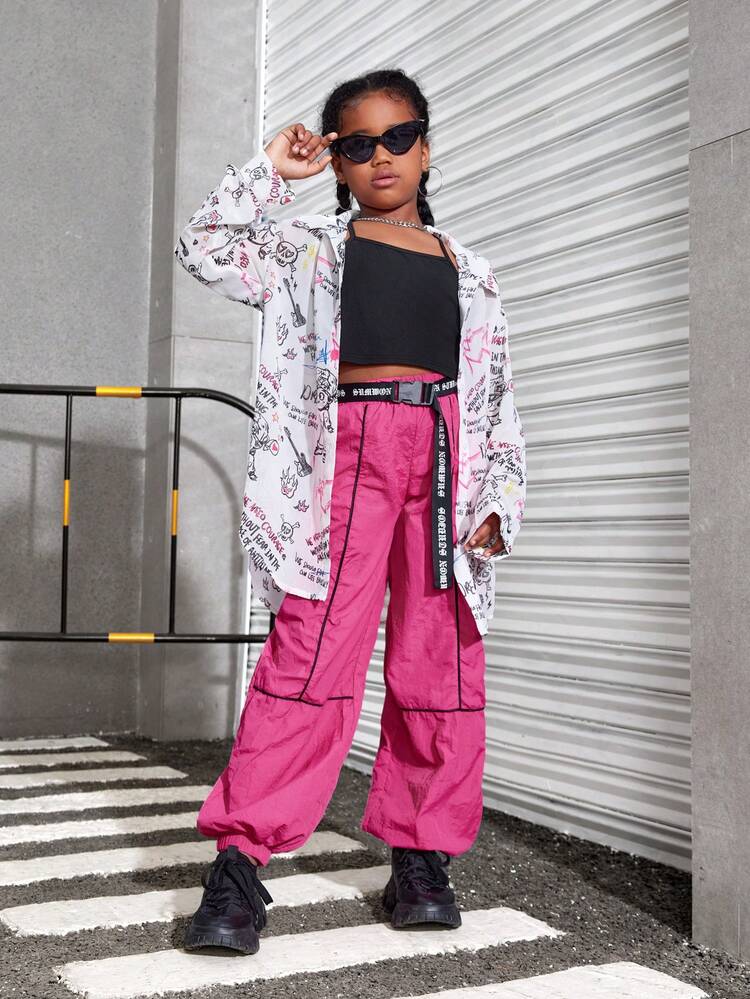 Tween Girl 3pcs Casual Graffiti Print Anti-UV Shirt, Tank Top And Patchwork Cargo Pants Set