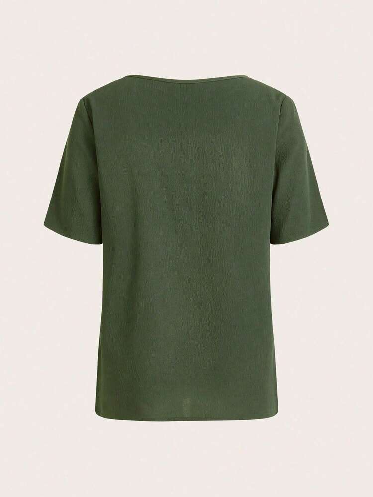 Women Button Decorated Round Neck Summer Simple Short Sleeve Shirt